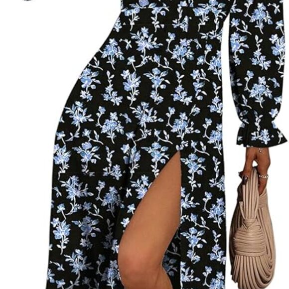 BLENCOT Women's Floral Print Puff Long Sleeve Maxi Dress Sexy Square Neck - Picture 3 of 3